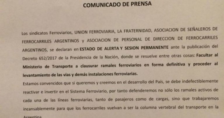 Alerta entre los ferroviarios por el decreto de Macri que habilita a levantar ramales